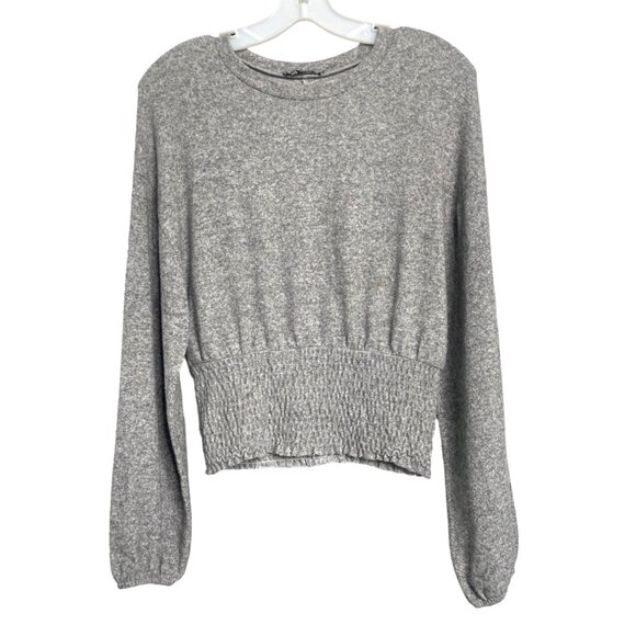Zara Women's Medium M Med Gray Knit Sweater Long Sleeve Cropped Elastic Waist - Picture 1 of 15